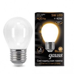 Gauss Filament Шар G45 E27 5W(420lm) 2700K 2K матов. 80x45 филамент (нитевидная), 105202105
