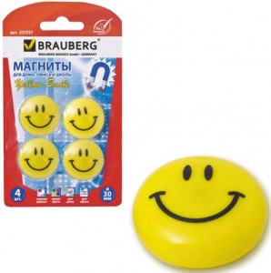 Магниты BRAUBERG диам. 30 мм, 4 шт., "СМАЙЛИКИ", ЖЕЛТЫЕ, в блистере,231727