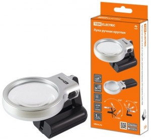 TDM Лупа ручная круглая, d60мм, 3-х крат. увел., рукоятка-трансформер, LED, 2хАА SQ1025-0903