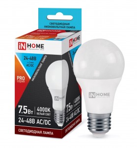 ASD/InHome ЛОН низковольтная A60 E27 24-48V (36V) 7.5W(800lm) 4000К 4K 110x60 пласт/алюм LED-MO 1521