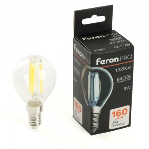 Feron.PRO филамент шар G45 Е14 8W 1320lm 6400K 6K 175-265V 78х45 LB-1708 51261