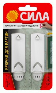 СИЛА Крючок д/картин 2шт, 2 сменн. полоски, до 1,2кг, бесследн. удаление, белый, SCH-P120-W2 60136