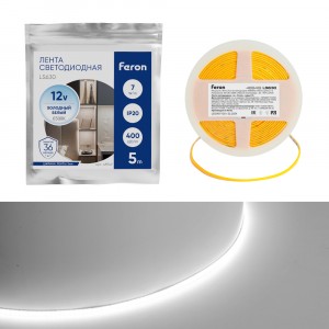 Feron Лента св/д 12V 7W/m 400SMD(2110)/м 6500K 5000х3х1.8мм IP20 LS630 48949