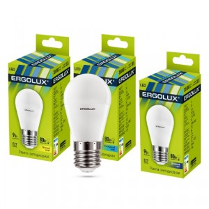 Ergolux шар G45 E27 9W(760lm 220°) 3000K 2K матовая 88x45 пластик/алюм. LED-G45-9W-E27-3K