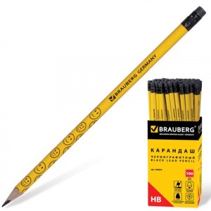 Карандаш ч/гр BRAUBERG, 1 шт., "Смайлики", НВ, желтый, улыбки, с резинкой, заточ., 180654