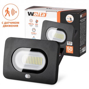 Wolta св/д прожектор 50W(4000Lm) 5500K 6K IP65 датч.движ. 146x65x205мм метал/пласт черн WFL-50W/05s