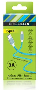 Дата-кабель USB(A)шт. - Type-Cшт. ERGOLUX ELX-CDC02-C06  3А 1.2м, шнур LED синий, коробка
