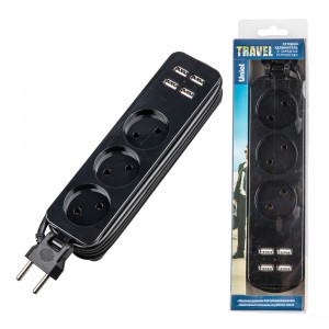 Uniel Travel сет.удл. ПВС 2x1.0 3роз. 1,8м 10A черный S-CT3-1,8U BLACK