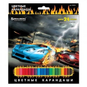 Карандаши цветн. BRAUBERG "InstaRacing", 24цв., заточ., карт. уп. с отделкой выбороч. лаком, 180559