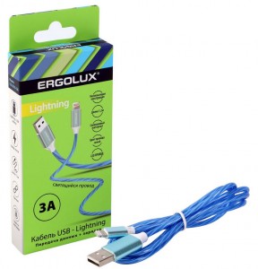 Дата-кабель USB(A)шт. - Lightning шт. ERGOLUX ELX-CDC03-C06 3А  1.2м, шнур LED синий, коробка