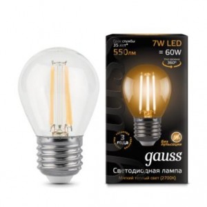 Gauss Filament Шар G45 E27 7W(550lm) 2700K 2K прозр. 80x45 филамент (нитевидная), 105802107