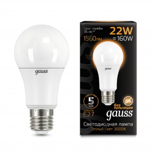 Gauss ЛОН A70 E27 22W(1560lm) 3000 2K 135x70 матовая, пластик/алюм. 102502122