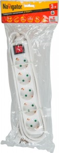 Navigator сет. удл. ПВС 3х0.75 5 роз. 3м, земля, выкл, шторки, 10А NPE-S-05-300-ESC-3x0.75 71557