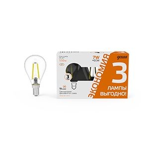 Gauss Filament лампа 7W 550lm 2700К Е14 шар филамент (нитевидная) (уп.3 шт) 105901107T