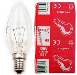 Лампа ДС 60W E27 (уп.100шт.) свеча прозрачная, цветная гофра (Калашниково)