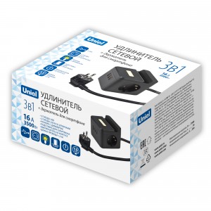 Uniel Standard сет. удл. ПВС 3x1.5 2 роз. 1,5м 16А 3 USB черный, земля S-GCD2-1,5SBUH BLACK