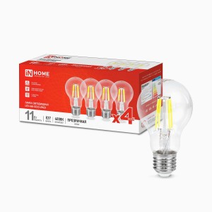 ASD/InHome лампа св/д Deco ЛОН A60 Е27 11W(1160lm) 4000К 4K 107x60 прозр (4шт/уп, цена за уп) 3417