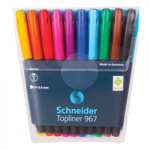 Ручки капиллярные SCHNEIDER НАБОР 10 шт., АССОРТИ, "Topliner 967", корпус черный, линия письма 0,4 м