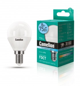 Camelion Шар G45 E14 8W(750 220°) 4500K 4K матов. 80x45 пластик LED8-G45/845/E14