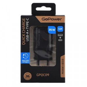 Зарядное устройство сетевое GoPower GPQC09, 1USB+1Type-C, 35Вт, QC3.0 GAN, черный