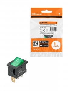 TDM выключатель клавишный KCD1-101N зеленый 250В, 1P, 6А, (3с), ON-OFF, LED, Mini SQ0746-0135