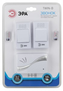 ЭРА звонок беспроводной цифр. TWIN-B 100м, 32 мелодии, 2хAAA/A23, 2 кнопки IP20 BL 0857