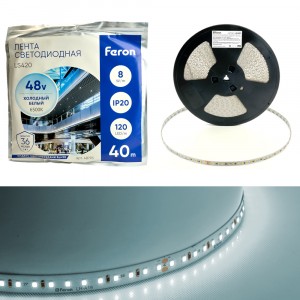Feron Лента св/д 8W/m 120Led/м 48V IP20 6500К 40000х10х1.22мм LS420 48793