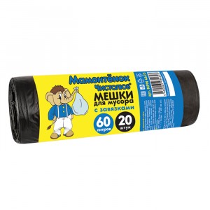 Мешки для мусора (пакеты) с завязками 60л/20шт, 13мкм, ПНД, рулон, MPM4623 Мамонтенок Чистолюб