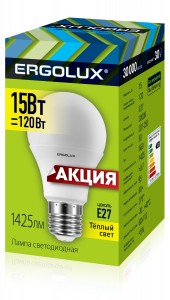 Ergolux ПРОМО ЛОН A60 E27 15W(1220lm 270°) 3000K 2K матовая 112x60 пластик/алюм. LED-A60-15W-E27-3K