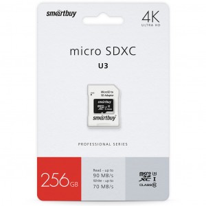 Флэш-карта (памяти) micro SDXC Smartbuy 256GB Class10 PRO U3 R/W:90/70 MB/s (адаптер SD)