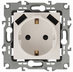 ЭРА Elegance роз. СУ, 1 мест. , 2P+E с 2xUSB 16A, штор. 5В-3А, сл.кость, 250В, IP20, 14-4109-02 7580