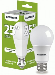 IEK GENERICA ЛОН A65 E27 25W(2500lm) 4000K 4K 65x135 матов. LL-A65-25-230-40-E27-G