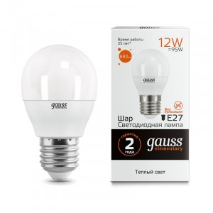Gauss Elementary Шар G45 E27 12W 880lm 3000K 2K 86х45 матовая, пластик/алюм. 53212