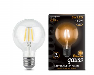 Gauss Filament Шар G95 E27 6W(630lm) 2700K 2K 143x95  филамент (нитевидная), прозр. 105802106