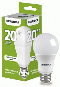 IEK GENERICA ЛОН A60 E27 20W(2000lm) 4000K 4K 60x125 матов.  LL-A60-20-230-40-E27-G