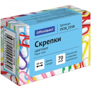 Скрепки 28мм, OfficeSpace., цветные, карт. упаковка цеан за шт! СПБ(10!)