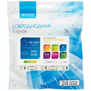 APEYRON Лента св/д 12V 9.6W/m 120led/m IP20 3000K 600lm/m 5м интер 2K SMD3528 00-32