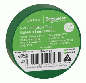 Schneider Electric Изолента ПВХ 19мм/20м зеленая 130мкм  2-х ст. этик. (уп=8шт отгр кр.1шт) IMT38206