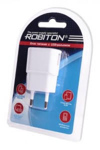 Сет. адаптер/зарядник/блок пит. Robiton USB1000 220V-5V AC/DC (5V 1A) импул. USB, белый, BL1, 09483