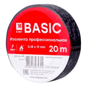 EKF Basic Изолента ПВХ 19/20 черная, класс А (профессиональная) 0.18х19 мм, 20 м plc-iz-a-b