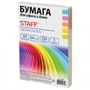 Бумага цветная STAFF color, А4, 80 г/м2, 250л.., микс (5 цв. х 50л..), пастель, 110890