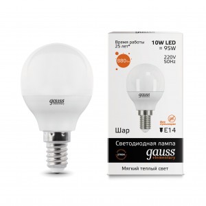 Gauss Elementary Шар G45 E14 10W(710lm) 3000K 2K 86x45 матовая, пластик/алюм. 53110