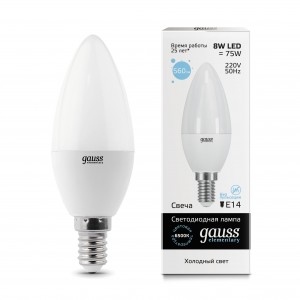 Gauss Elementary Свеча E14 8W(560lm) 6500K 6K 100x38 матовая, пластик/алюм. 33138