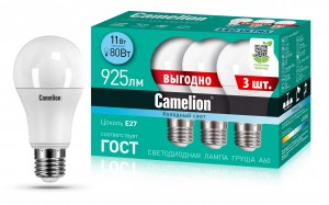 Camelion ПРОМО ЛОН A60 E27 11W(925lm) 4500K 4K матов. 106x60 BL3 (цена за 1шт) LED11-A60-3/845/E27