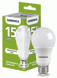 IEK GENERICA ЛОН A60 E27 15W(1500lm) 4000K 4K 60x112 матов. LL-A60-15-230-40-E27-G