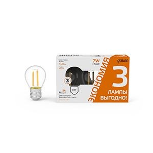 Gauss Filament лампа 7W 550lm 2700К Е14 шар филамент (нитевидная) (уп.3 шт) 105902107T