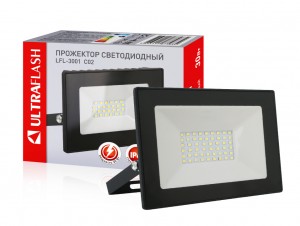 Ultraflash прожектор св/д LFL-3001 C02 30W(2100lm) SMD 6500K 6K черный 140x110x24 230V IP65