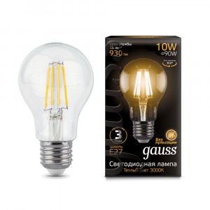 Gauss Filament ЛОН A60 E27 10W(930lm) 2700K 2K прозр. 105x60 филамент (нитевидная), 102802110