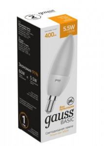 Gauss BASIC Свеча C37 E14 5.5W(400lm) 3000K 2K матов., пластик 1033116