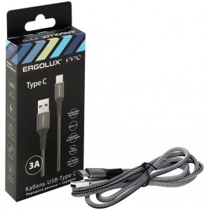 Дата-кабель USB(A)шт. - Type-Cшт. ERGOLUX ELX-CDC08-C41 3А  1.2м, черно-белый, ткань, коробка